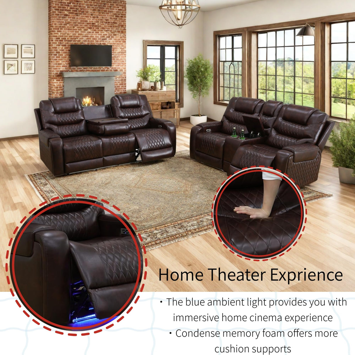 Living Room Furniture Set, Power Reclining Sofa Set, Air Leather Recliners with Built-in USB Ports and Storage Console, LED Reclining Couch Set for Living Room (Wine, Sofa Loveseat) AYCP Furniture