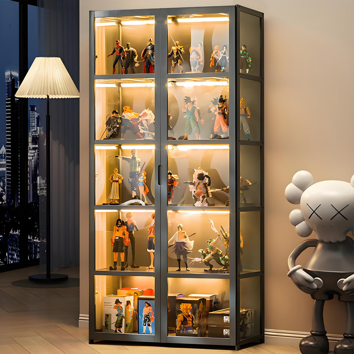 idhhco 5-Tier Display Cabinet with Acrylic Doors, 64” Transparent Bamboo Curio Display Case for Figures, Display Shelves for Collectibles & Kids Bookcase for Home, Office, Playroom, Living Room idhhco