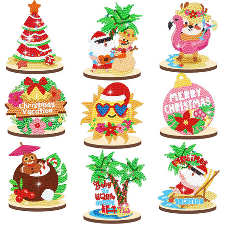 9 Pcs Christmas in July DIY Diamond Art Painting Kit Summer Beach Santa Tree Tabletop Diamond Art Painting Craft Ornament for Tropical Christmas Luau Party Decorations Briwooody