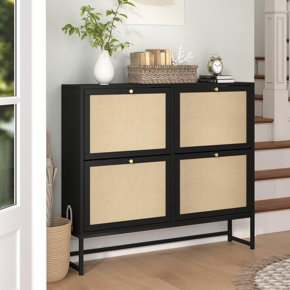 NVETHM Shoe Cabinet, Shoe Storage Cabinet with 4 Flax Flip Drawers and Mental Legs,Shoe Rack Free Standing Shoe Organizer for Entryway, Living Room (Black, 8-Tier) NVETHM