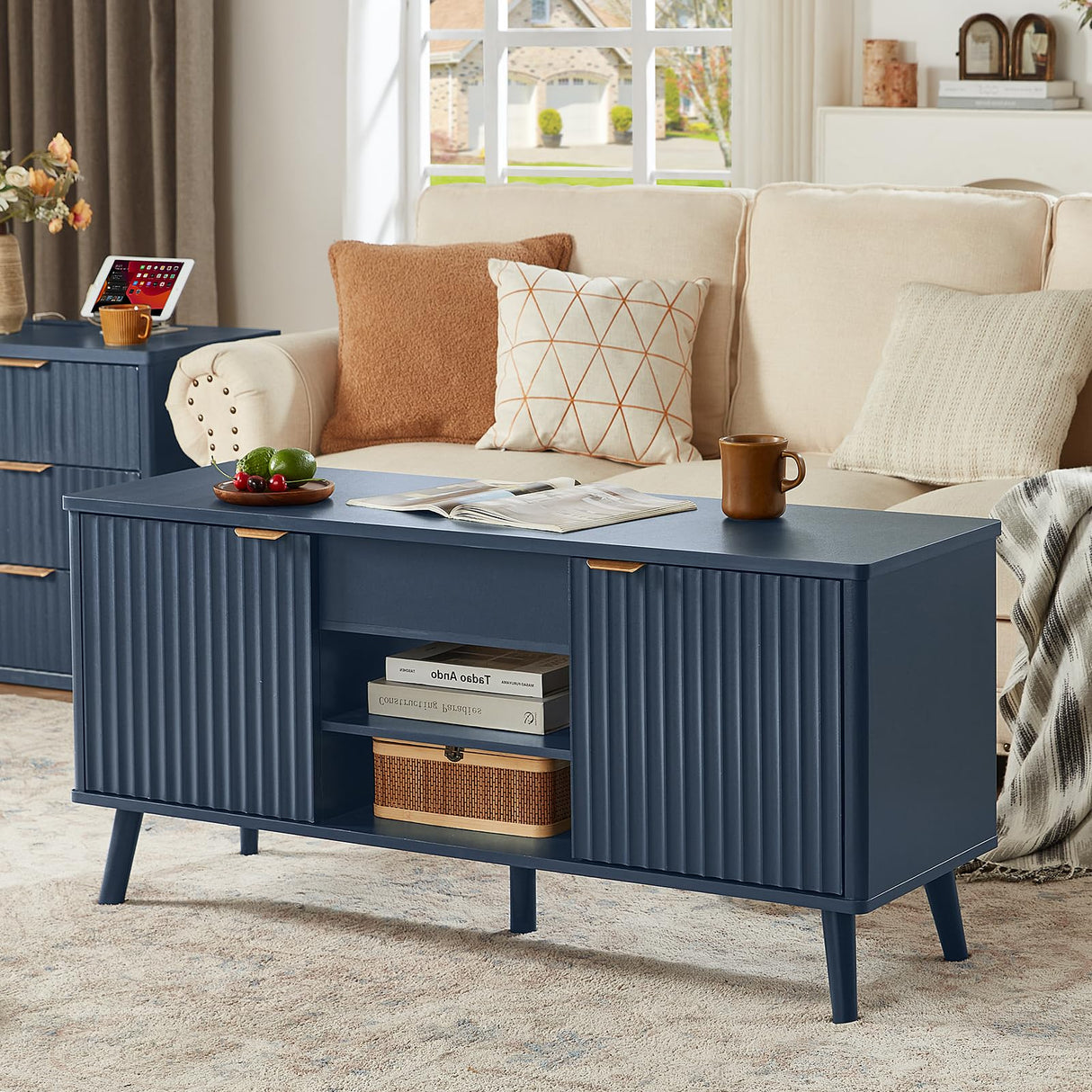 LEYAOYAO 48" Fluted Lift Top Coffee Table with Hidden Storage & Adjustable Shelves, Lifting Tabletop Large Rectangular Coffee Tables, Mid Century Modern Wood Center Table for Living Room, Nave Blue LEYAOYAO