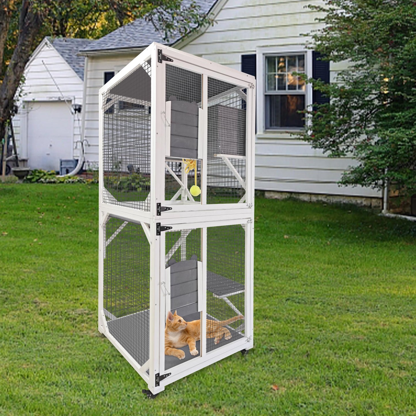 Cat House Catio Outdoor Cat Enclosure, 3-Tier Wooden Outdoor Cat House with Wheels, Waterproof Roof Cat Outdoor Enclosure Catios for Cats Outdoor Patio Indoor