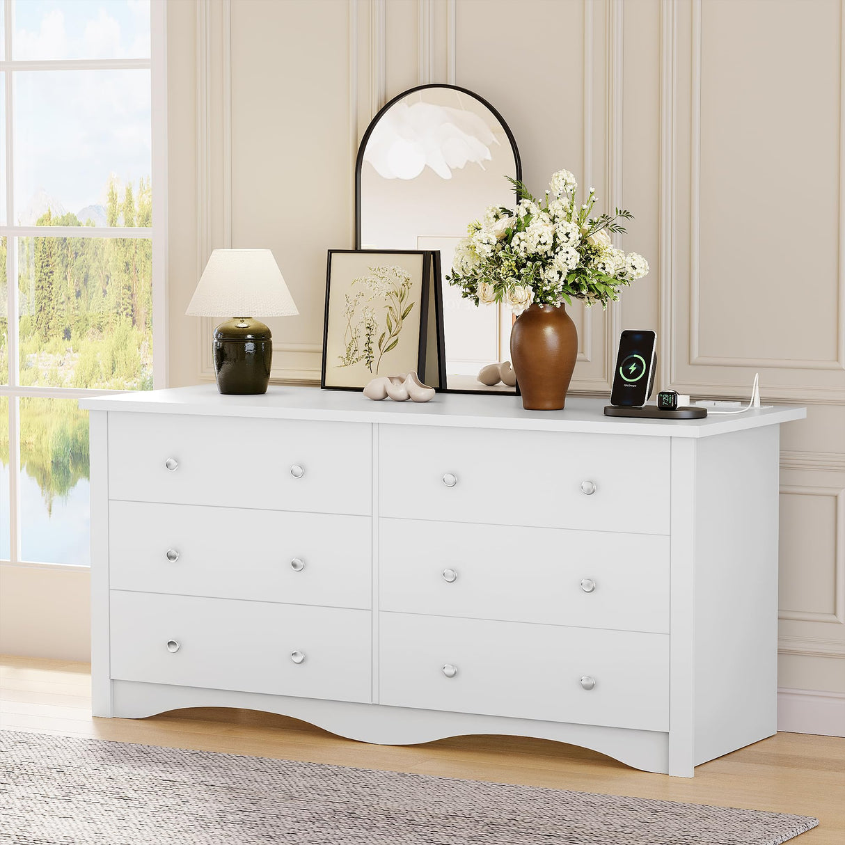 Furmax Dresser for Bedroom with Power Outlet, 6 Wood Dresser, Chest of Drawers, for TV up to 65 inch, TV Stand Storage Chest of Drawers for Hallway Entryway (White) Furmax