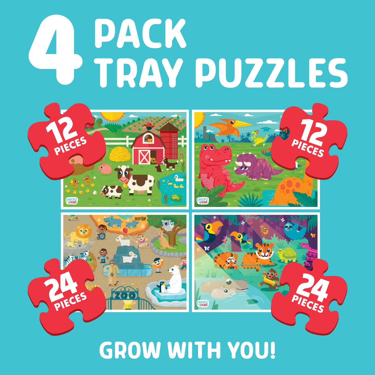 Chuckle & Roar - 4 Pack Tray Puzzles - Farm, Dinosaurs, Jungle, and Zoo - Larger Pieces Designed for Preschool Hands - 12 & 24 PC Tray Puzzles Chuckle & Roar