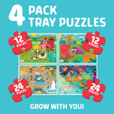 Chuckle & Roar - 4 Pack Tray Puzzles - Farm, Dinosaurs, Jungle, and Zoo - Larger Pieces Designed for Preschool Hands - 12 & 24 PC Tray Puzzles Chuckle & Roar
