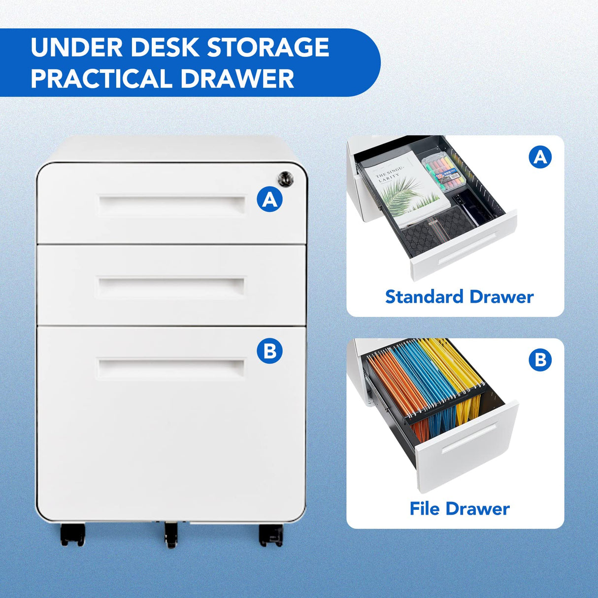 FLEXISPOT Mobile File Cabinet for Home Office 3 Drawer File Cabinet Under Desk Storage Filing Cabinet for Legal/Letter/A4 File,Round Corner Design,White FLEXISPOT