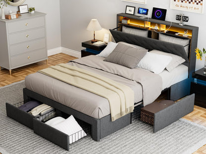 IKIFLY Dark Grey Queen Bed Frame with Storage Drawers, Charging Station & LED Lights - WoodArtSupply