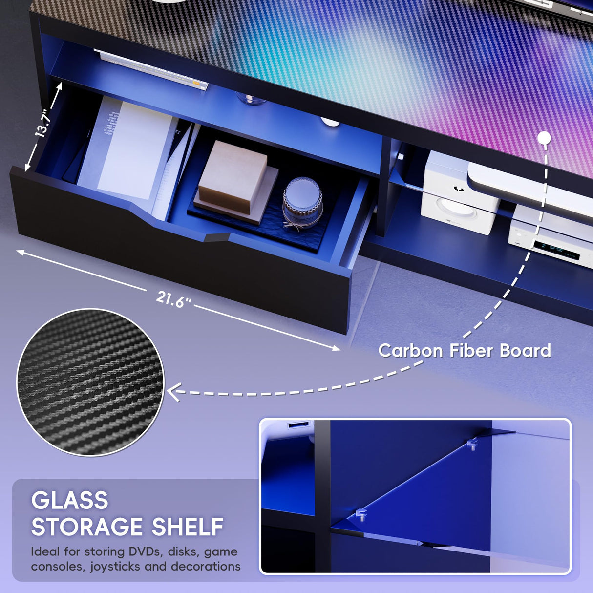 Homall LED TV Stand Mount for 65 inch, Modern Entertainment Center with LED Lights & High Glossy Cabinets, TV Cabinet Console Table with Drawer, Glass Shelves, Dynamic RGB Modes for Living Room, Black Homall