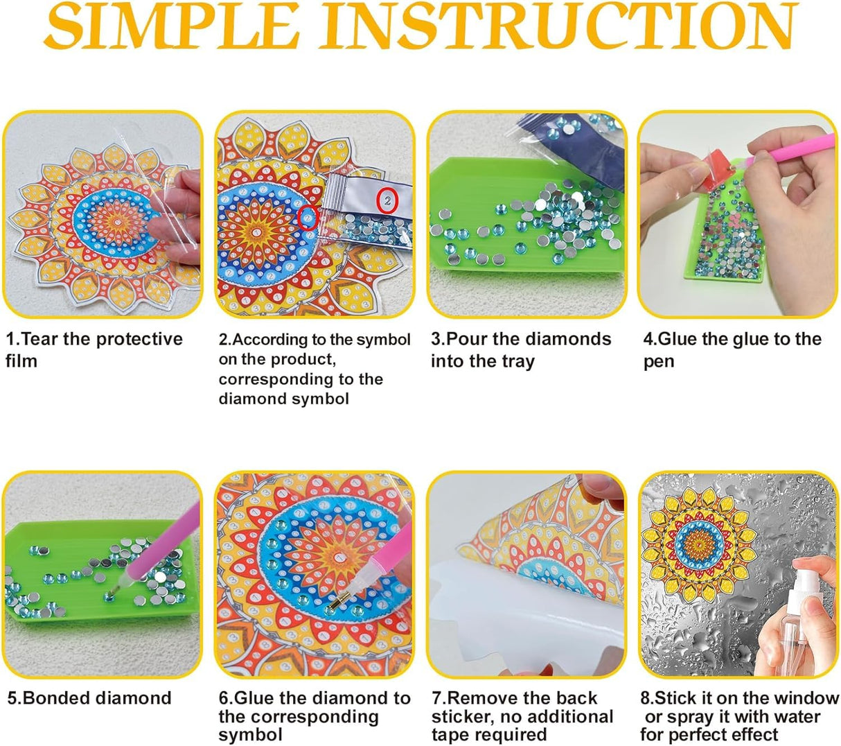 ACSAUMMY DIY Diamond Art Window Clings, 6pc Mandala Suncatchers Reusable Stained Glass Decals 5D Diamond Art Painting Static Window Stickers, Gem Craft Kit for Adults Kids Home/Indoor Decor, Gift ACSAUMMY