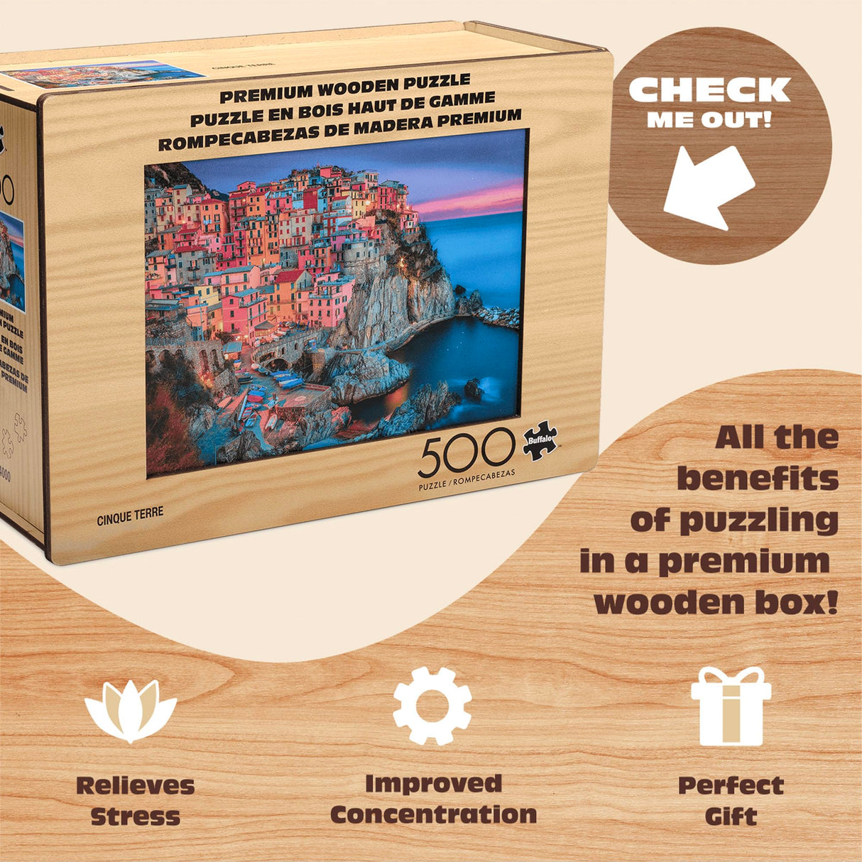 Buffalo Games - Cinque Terre Wood Puzzle - Standard Cut Jigsaw Pieces - 500 Piece Jigsaw Puzzle - Ages 14 and Up Buffalo Games