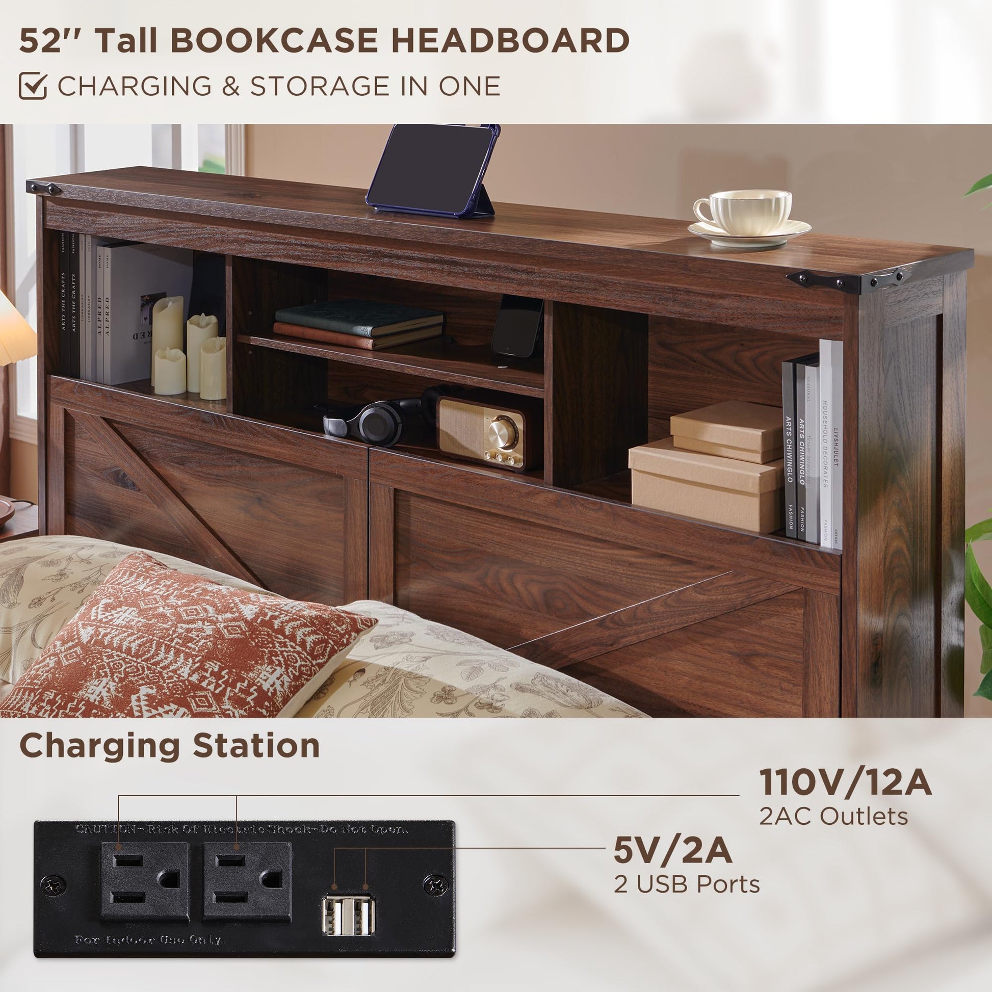 ACCOHOHO Luxury Farmhouse Wood Bed Frame with 52" Storage Bookcase Headboard, LED Lights, Charging Station & 4 Drawers - Brown - WoodArtSupply