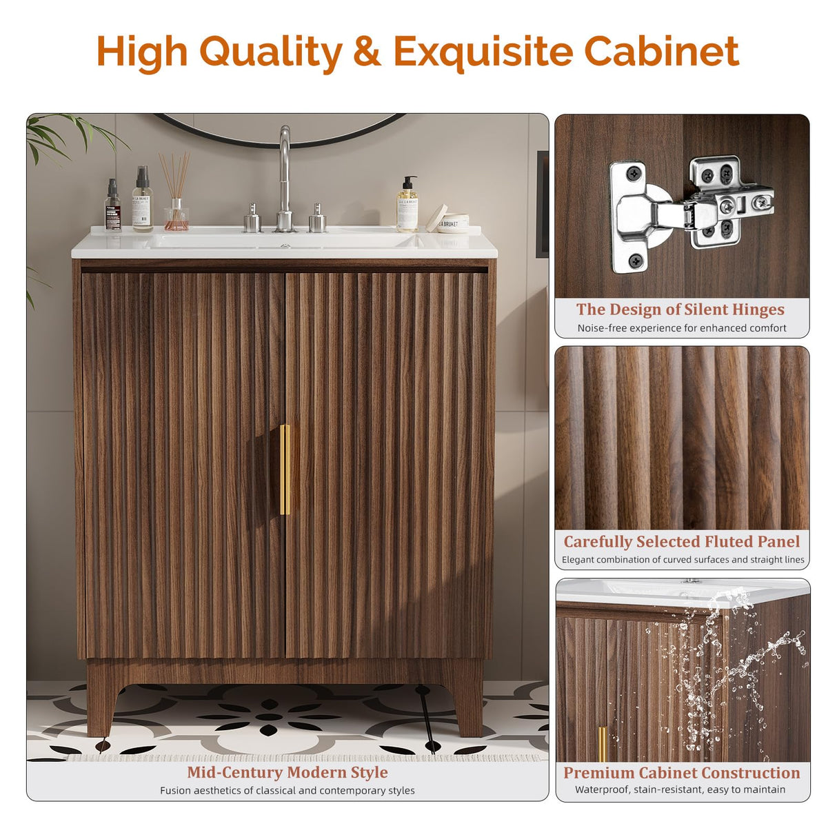 VINGLI 30Inch Walnut Fluted Bathroom Vanity with Ceramic Sink, 2-Door Cabinet, Mid-Century Modern Style, Perfect for Medium to Small Bathrooms VINGLI