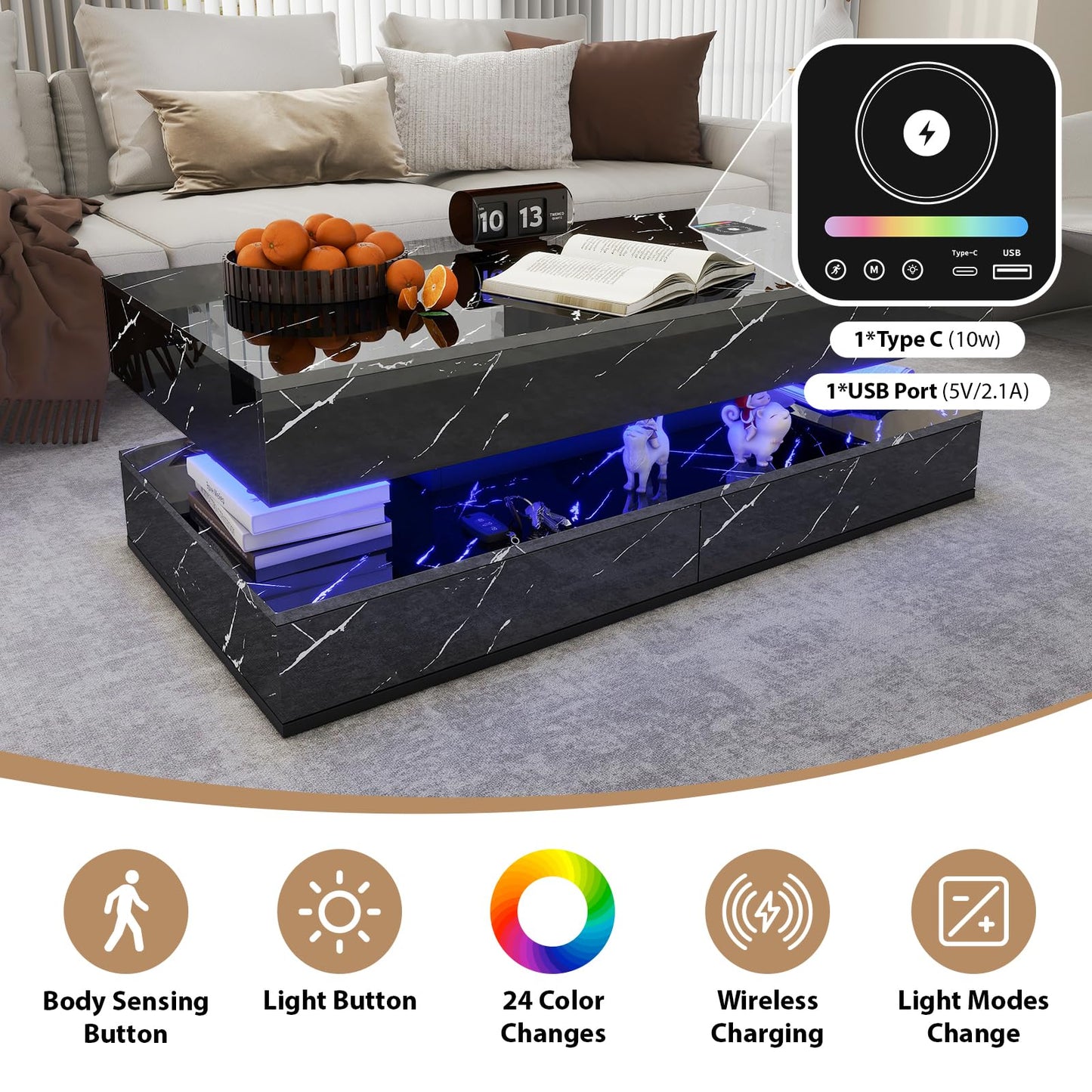 47inch High Glossy LED Coffee Table with Wireless Charging and Speaker, Modern Coffee Table With 2 Sliding Drawers, Double-Layer Center Tables with LED Light, Marble CoffeeTable for Living Room, Black