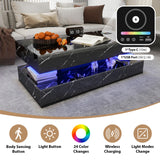 47inch High Glossy LED Coffee Table with Wireless Charging and Speaker, Modern Coffee Table With 2 Sliding Drawers, Double-Layer Center Tables with LED Light, Marble CoffeeTable for Living Room, Black PPorfamilia