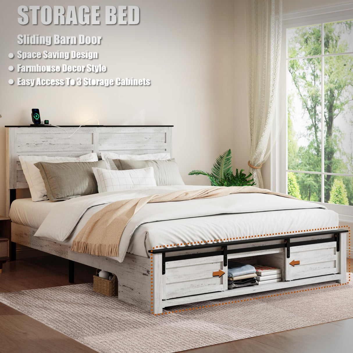 WQQUT Full Size Farmhouse Bed Frame with Sliding Barn Door Storage Cabinets, Charging Station & LED Lights, Wood Platform Bed Frame with Solid Wood Slats, Noiseless, No Box Spring Needed WQQUT