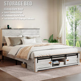 WQQUT Full Size Farmhouse Bed Frame with Sliding Barn Door Storage Cabinets, Charging Station & LED Lights, Wood Platform Bed Frame with Solid Wood Slats, Noiseless, No Box Spring Needed WQQUT