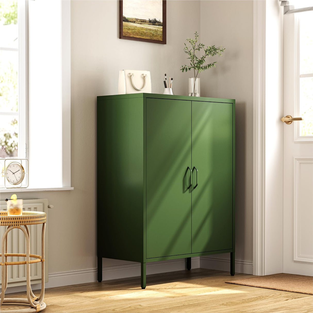 XIOMIOHTRQ Metal Locker Cabinet, Green Storage Cabinets with 2 Doors and Adjustable Shelves, 3 Tier Modern Storage Freestanding Sideboard for Living Room,School,Office Home Kitchen and Coffee Bar XIOMIOHTRQ