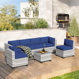 YLGJ&TIDY 7-Piece Outdoor Patio Furniture Set, PE Rattan Sectional Sofa with Waterproof Cushions & Coffee Table, Modern Patio Conversation Set for Patio, Garden, Poolside (7, Greywhite & Navy Blue) YLGJ&TIDY