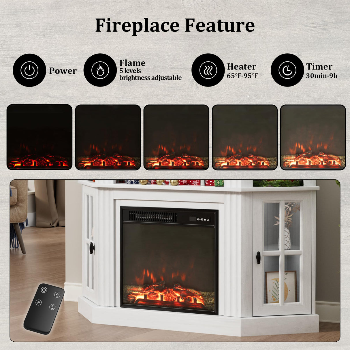 Flamaker Fireplace Corner TV Stand for TVs up to 55 Inch, Entertainment Center with 18" Fireplace, TV Console Table with Glass Door Storage Cabinet and Open Shelf (White) Flamaker