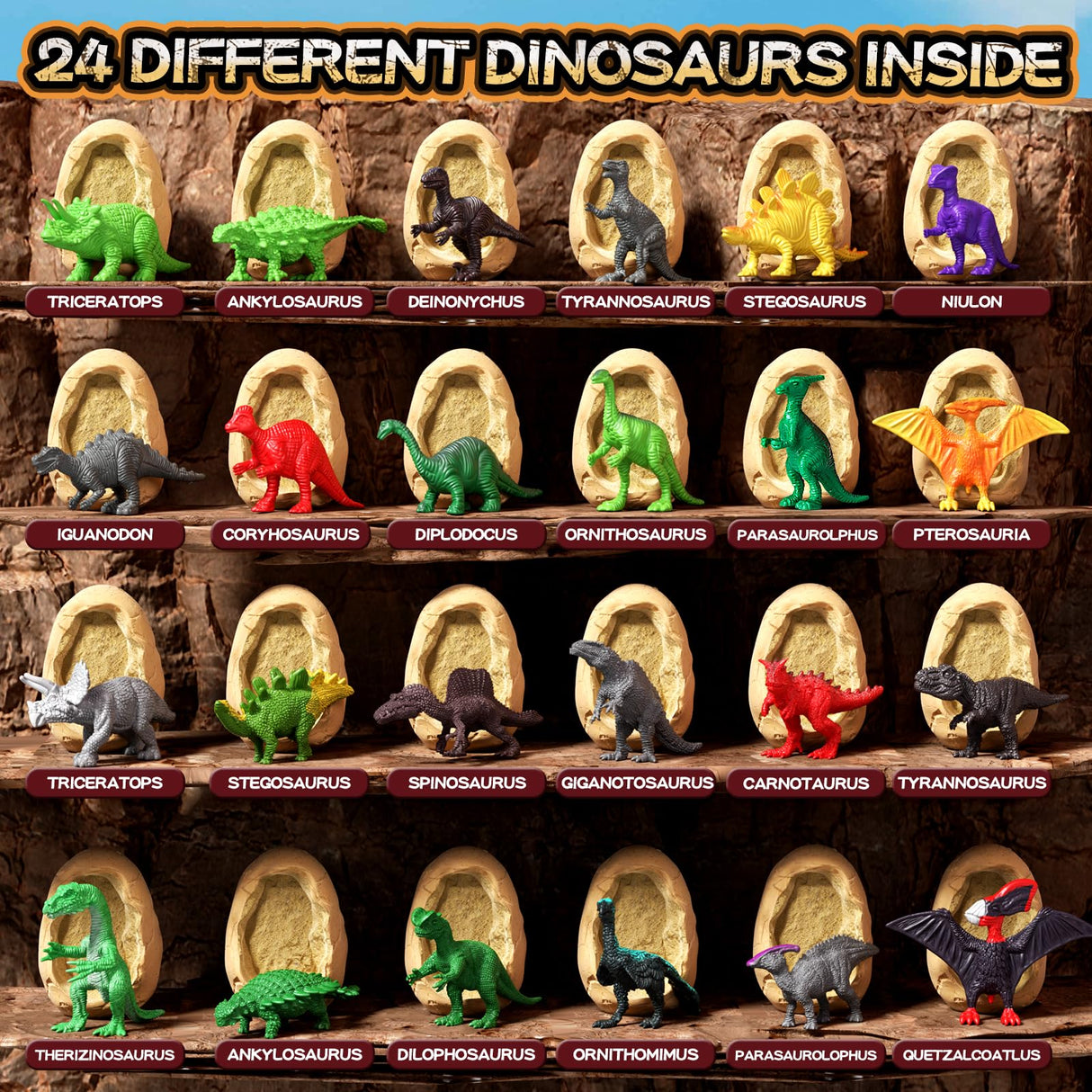 Uregoio 24 Dinosaur Eggs Dig Kit Toys for Kids, Surprise Dinosaur Eggs Excavation Kit with Magnifier, Science STEM Christmas Birthday Easter Gifts for Boys Girls Age 3 4 5 6 7 8 9 10 + Years Old Uregoio