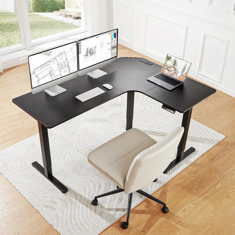 HUANUO 63″ Dual Motor L-Shaped Standing Desk, Built-in Power Outlets, Electric Height Adjustable Corner Computer Desk, Large Power Strip Holder, Sit Stand Up Desk with 3 Preset Heights, Black HUANUO