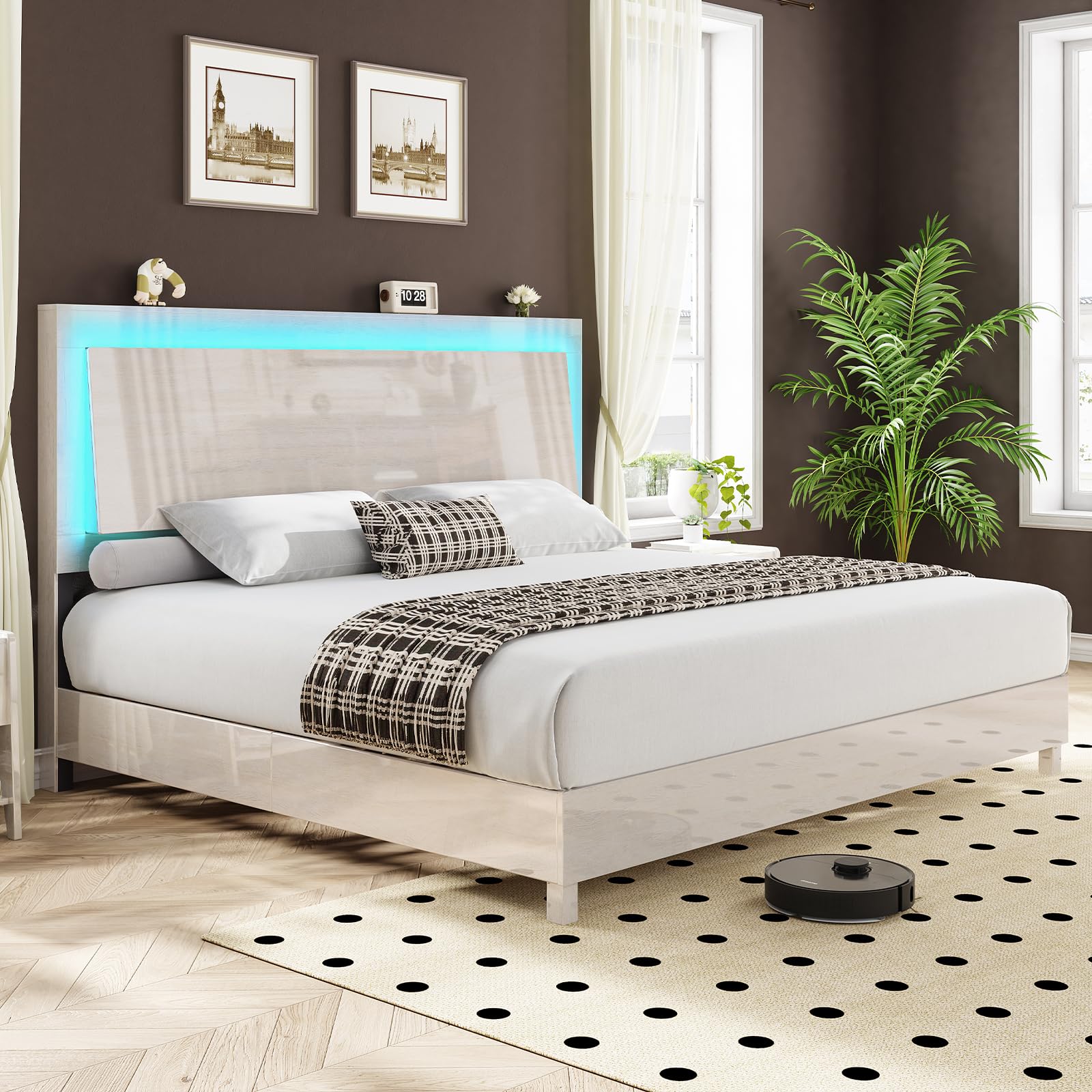 High Gloss White Woodgrain King Bed Frame with Floating Ergonomic Headboard and Smart RGBW LED Lights - WoodArtSupply