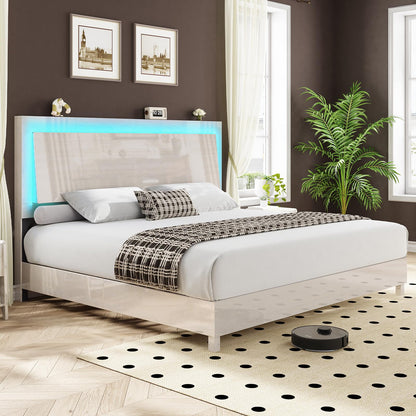 AMERLIFE High Gloss Queen Platform Bed Frame with Smart RGBW LED Lights and Ergonomic Floating Headboard - WoodArtSupply