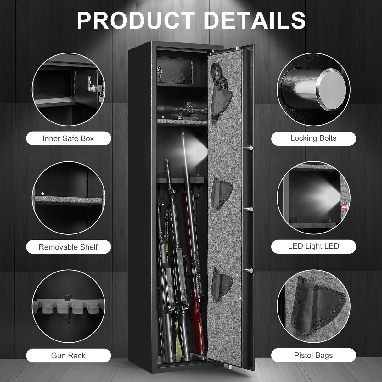 Marcree Biometric Fingerprint Rifle Gun Safe, Quick Access 5-Gun Cabinet Fingerprint Long Gun Safe, Gun Safes for Rifles and Shotguns with Mute Function, 3 Pistol Bags, Pistol Lock Box Marcree