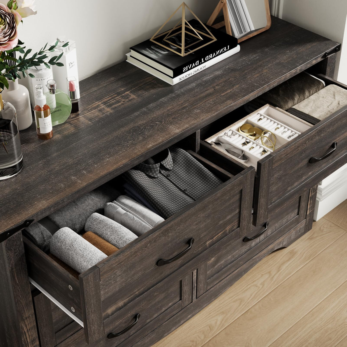 Farmhouse 6 Drawer Dresser for Bedroom, Wood Dresser Chest of Drawers, Wide Dressers Organizer with Metal Handles, Natural Texture Storage Cabinet for Closet, Living Room, Hallway (Dark Rustic Oak) Gyfimoie