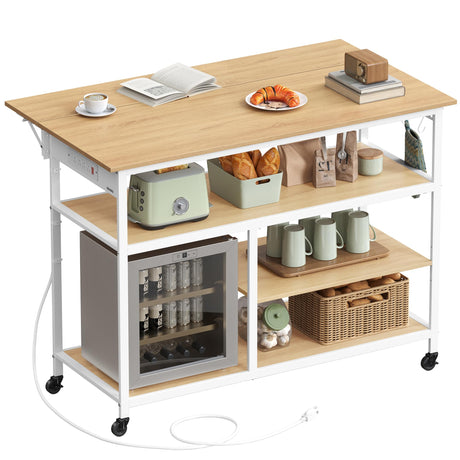 VASAGLE Kitchen Island with Drop Leaf, 47.2" Width Rolling Kitchen Cart with Power Strip, Extendable Worktop, Workbench,Pegboard, Adjustable Shelf, Golden Oak and Cloud White UKKI013Y01 VASAGLE