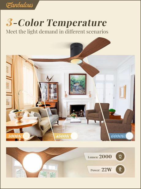 Fanbulous 52" Ceiling Fans with Lights and Remote Control,Modern Flush Mount Ceiling Fan with 3 LED Colors,Low Profile Ceiling Fans with 6-Speeds Reversible DC Motor for Bedroom Living Room Patio Fanbulous