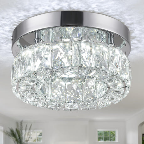 LEONTYNE 7.9 inch Small Modern Crystal Chandeliers Cool White LED Ceiling Chandelier Stainless Steel Flush Mount Ceiling Light Fixtures for Bedroom Foyer Hallway Closet (6500K) LEONTYNE
