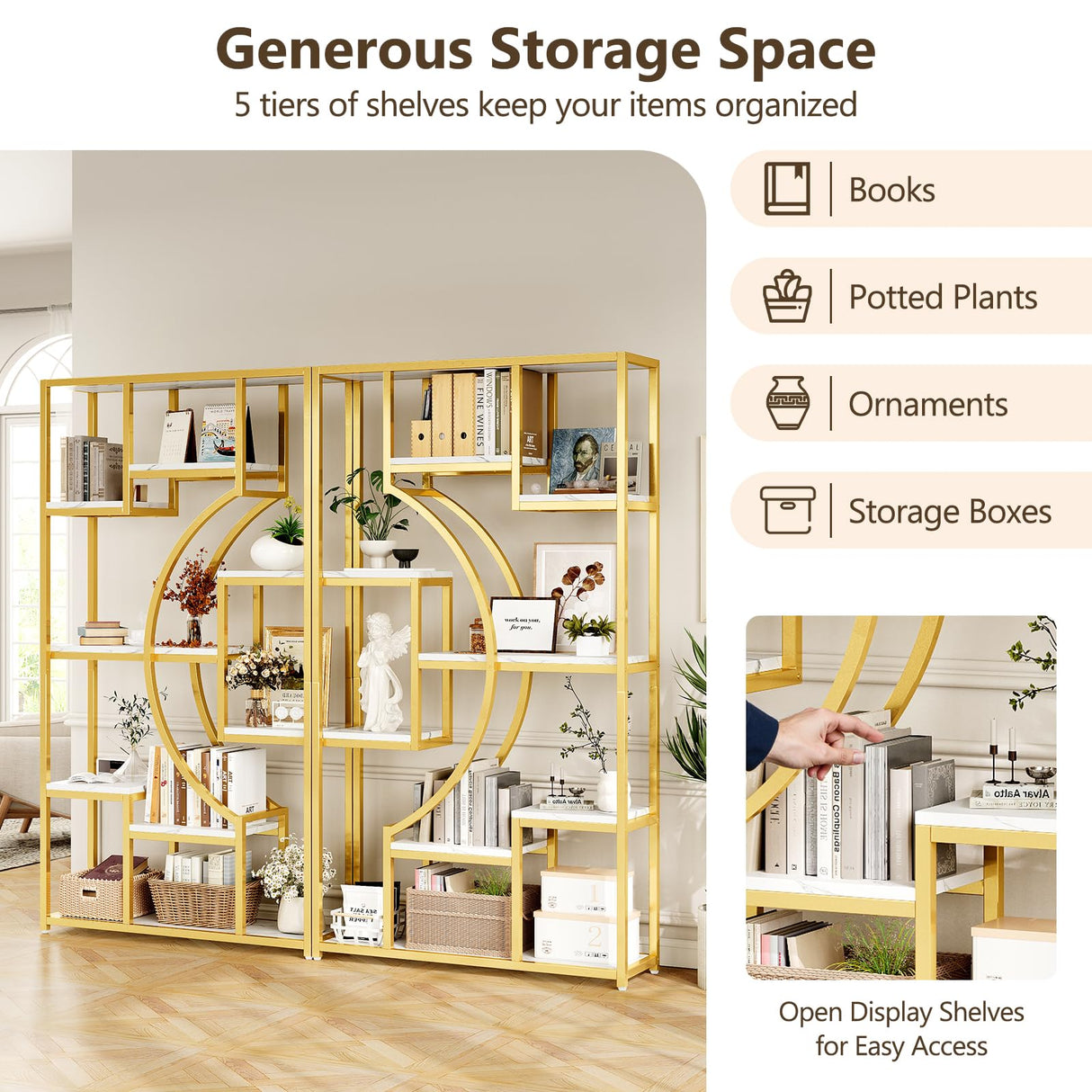 LGHM White and Gold Bookshelf Set of 2 with Metal Frame, 5 Tier Geometric Bookcase, Adjustable Modern Book Shelf with 18 Open Storage Shelves, Display Shelf for Living Room, Office, Bedroom LGHM