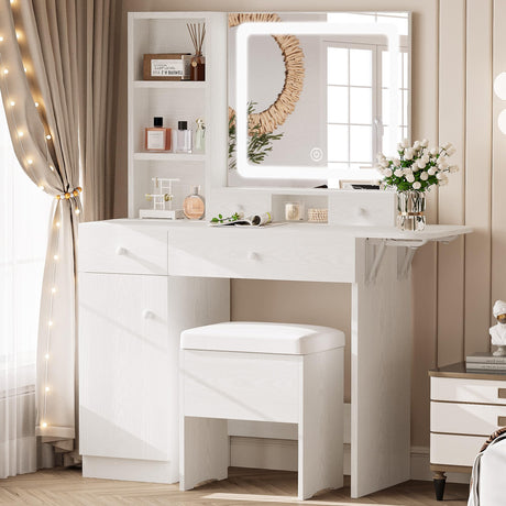LIKIMIO Vanity Desk with Drawers & LED Lighted Mirror & Power Outlet & Cabinet, Storage Stool, Stylish Bedroom Makeup Table Set, White LIKIMIO