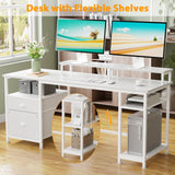 Furologee 61'' Computer Desk with Fabric File Cabinet & Drawer, Reversible White Storage Shelf, Office Long Monitor Stand, Writting Workstation, for Home/Office/Bedroom, 61in NO Outlets Furologee