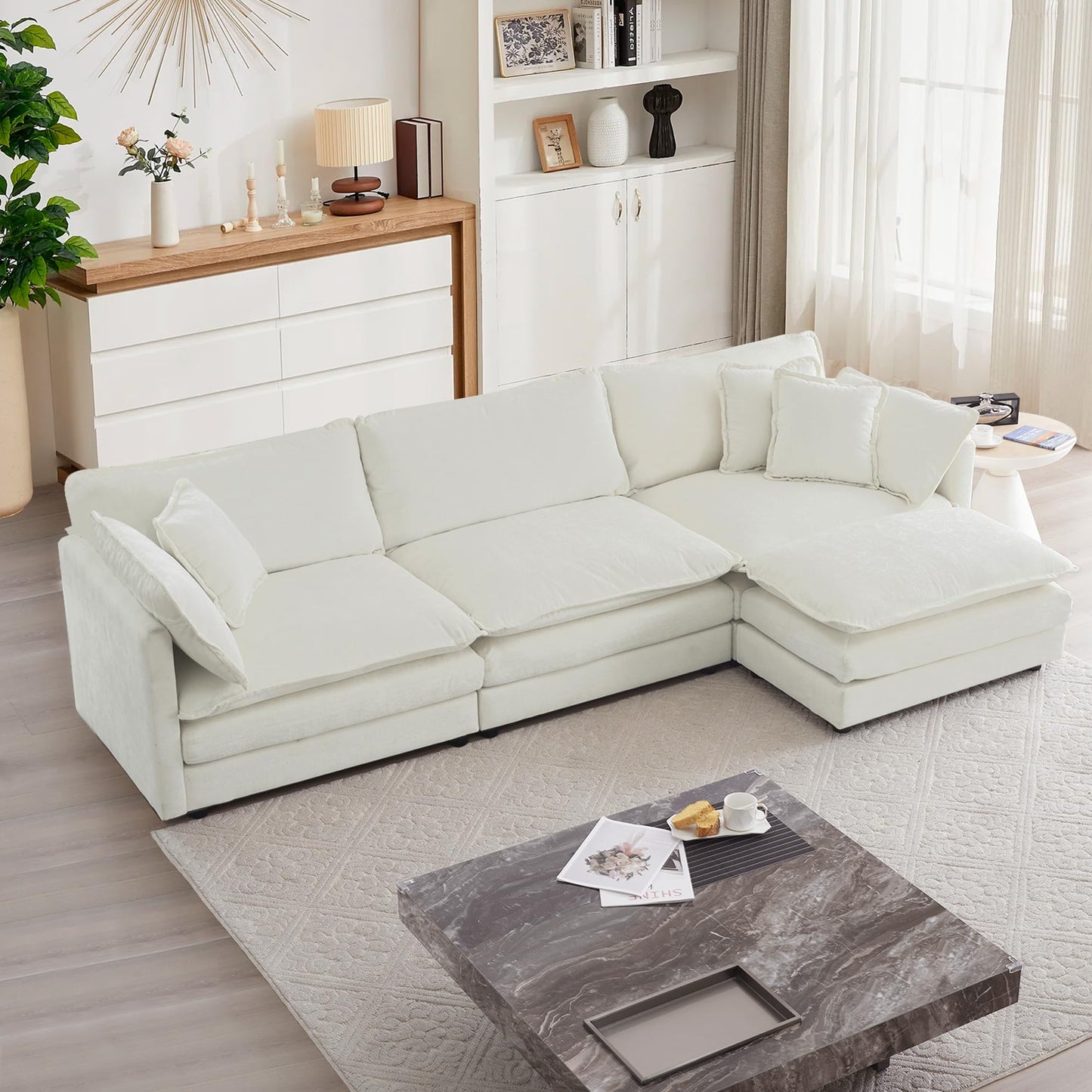 mikibama Modular Sectional Sofa, 111.5" L Shaped Couch Set for Living Room, 3-Seater Comfy Cloud Couches with Movable Ottoman, DIY Combination, Chenille, Beige - WoodArtSupply