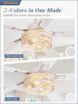 Farmhouse Ceiling Fans with Light, 48 Inch Bedroom Ceiling Fan with Lights, 6-Speed Adjustable, Quiet and Reversible DC Motor, 5 Dual Finish Blades, Rustic Caged Ceiling Fan，White and Gold Color Fanbulous