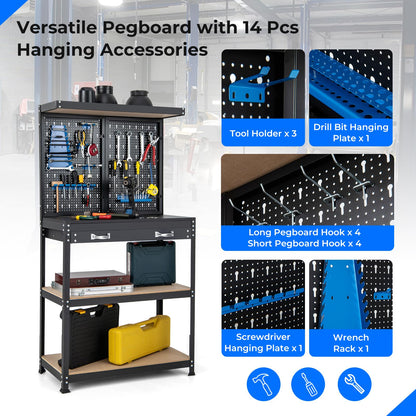 Goplus Workbench with Pegboard, 32" x 16" Multi-use Workbench with 2 Tires of Shelves, Topping Space, Drawer, Robust Metal Frame, Heavy-Duty Work Table Tool Storage Bench for Workshop Garage - WoodArtSupply