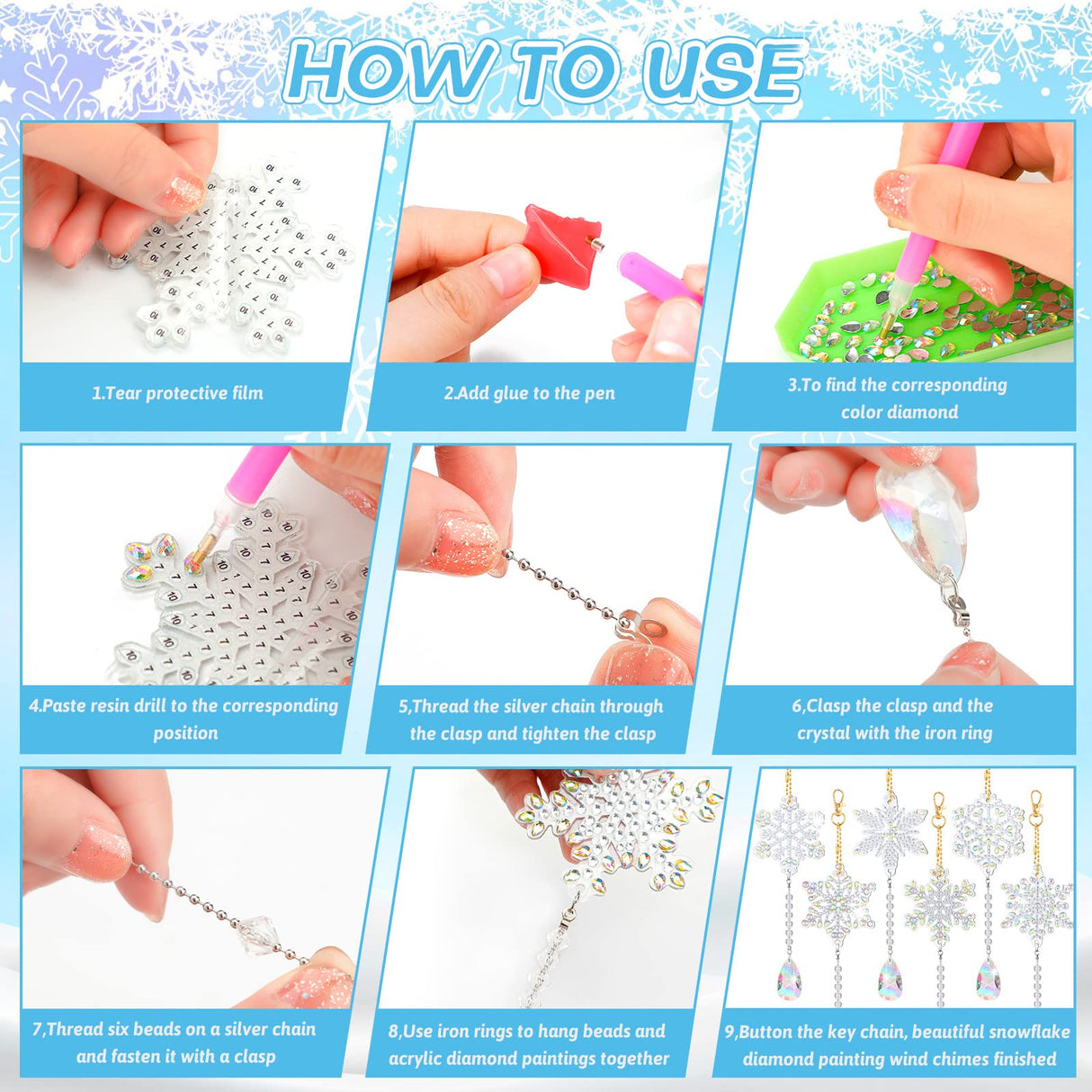 Perthlin 6 Pcs Christmas Snowflake Diamond Art Kits Double Sided Winter Diamond Wind Chimes Art for Window Christmas Tree Decoration Snowflake Suncatchers for DIY Crafts Wonderland Decoration Perthlin