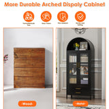 GangMei 73'' Metal Tall Arched Display Cabinet with Glass Doors, Freestanding Black Arch Bookcase with 2 Drawers, Kitchen Pantry Cabinet for Home Office Living Room GangMei
