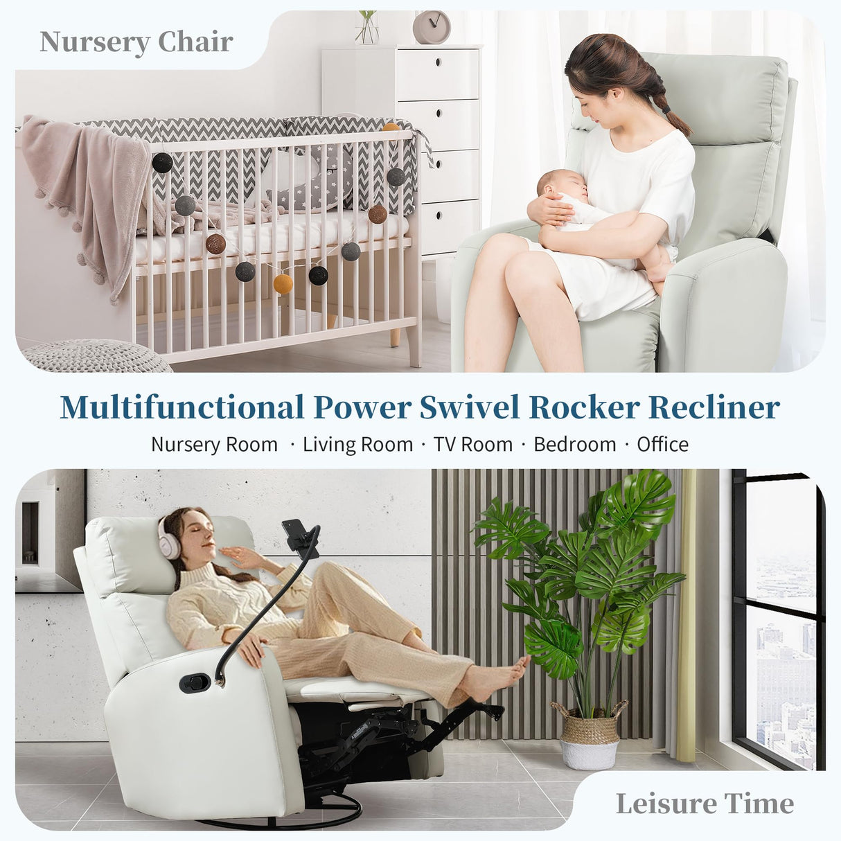 QicoFelix Swivel Rocker Recliner,Nursery Glider Recliner,Upholstered Rocking Recliner Chair with Phone Holder, PU Rocking Reclining Sofa for Living Room, Gray (360°Swivel) QicoFelix