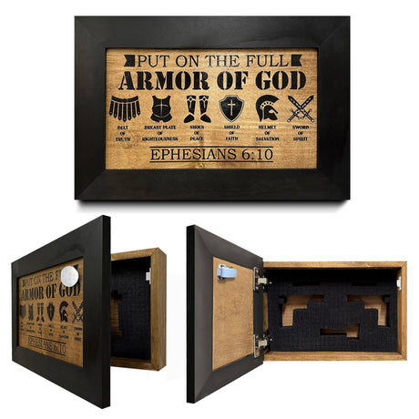 Full Armor of God Wall Gun Safe - Religious Hidden Gun Safe - Handcrafted Concealment Furniture for Guns - Quick Access Firearm Storage with Magnetic Lock - Hidden Shelf Safe by Bellewood Designs Bellewood Designs