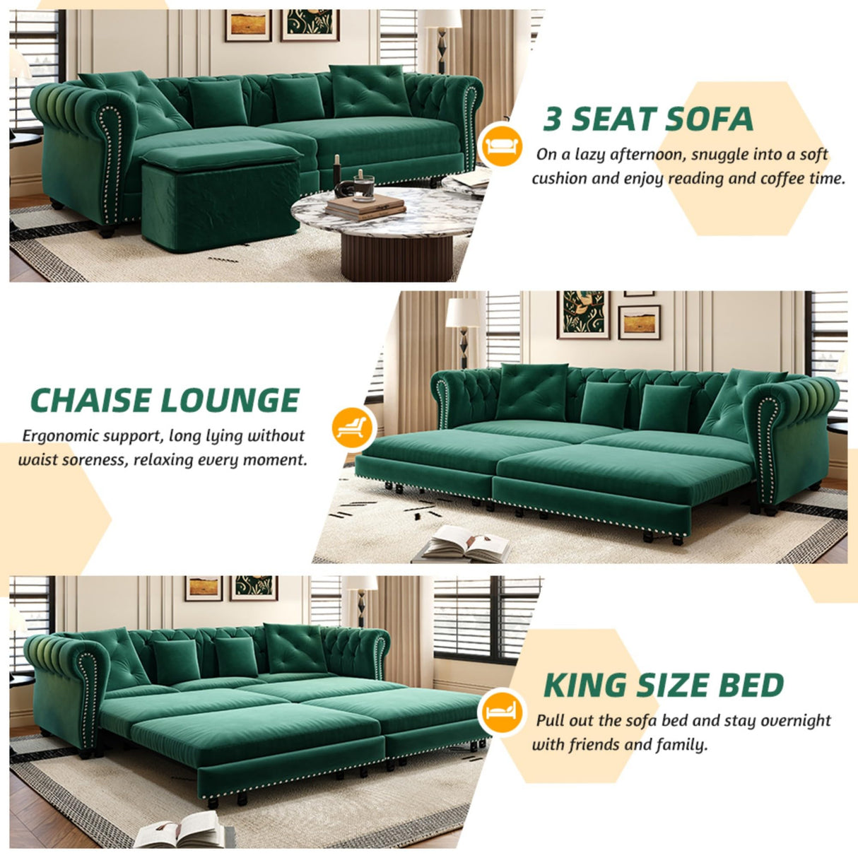 89" Velvet Pull Out Couch Bed - 3-in-1 Convertible Sleeper Sofa with Ottoman, Button Tufted Chesterfield Sofa, King Size Pull Out Sofa Bed, Space Saving for Small Spaces Apartments, Living Room,Green Justdwells