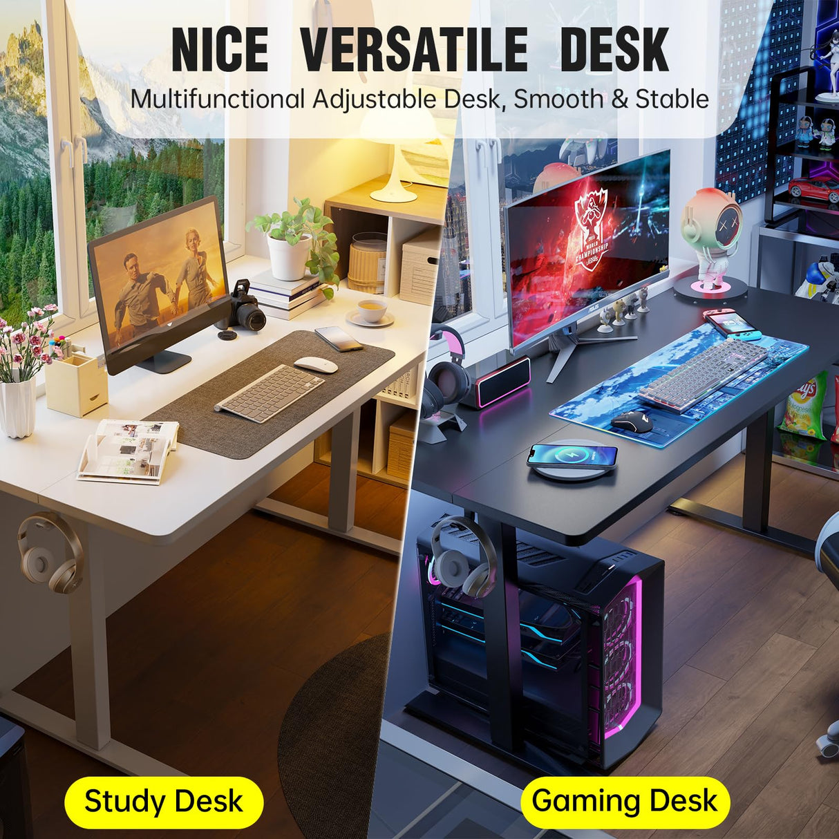 Veken 55 Inch Large Electric Standing Desk, 4 Memory Heights Adjustable,Sit to Stand Up, Work Home Office Computer Table for Study, Walking Pad, Writing, and Games, Wooden Desktop Desks, White Veken
