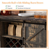 VanAcc Farmhouse Buffet Wine Cabinet with LED Lights, 55" Coffee Bar with 2-Tier Storage, Glass Holders, 8 Wine Racks, Home Liquor Hutch Cabinet with Barn Door, Rustic Black VanAcc