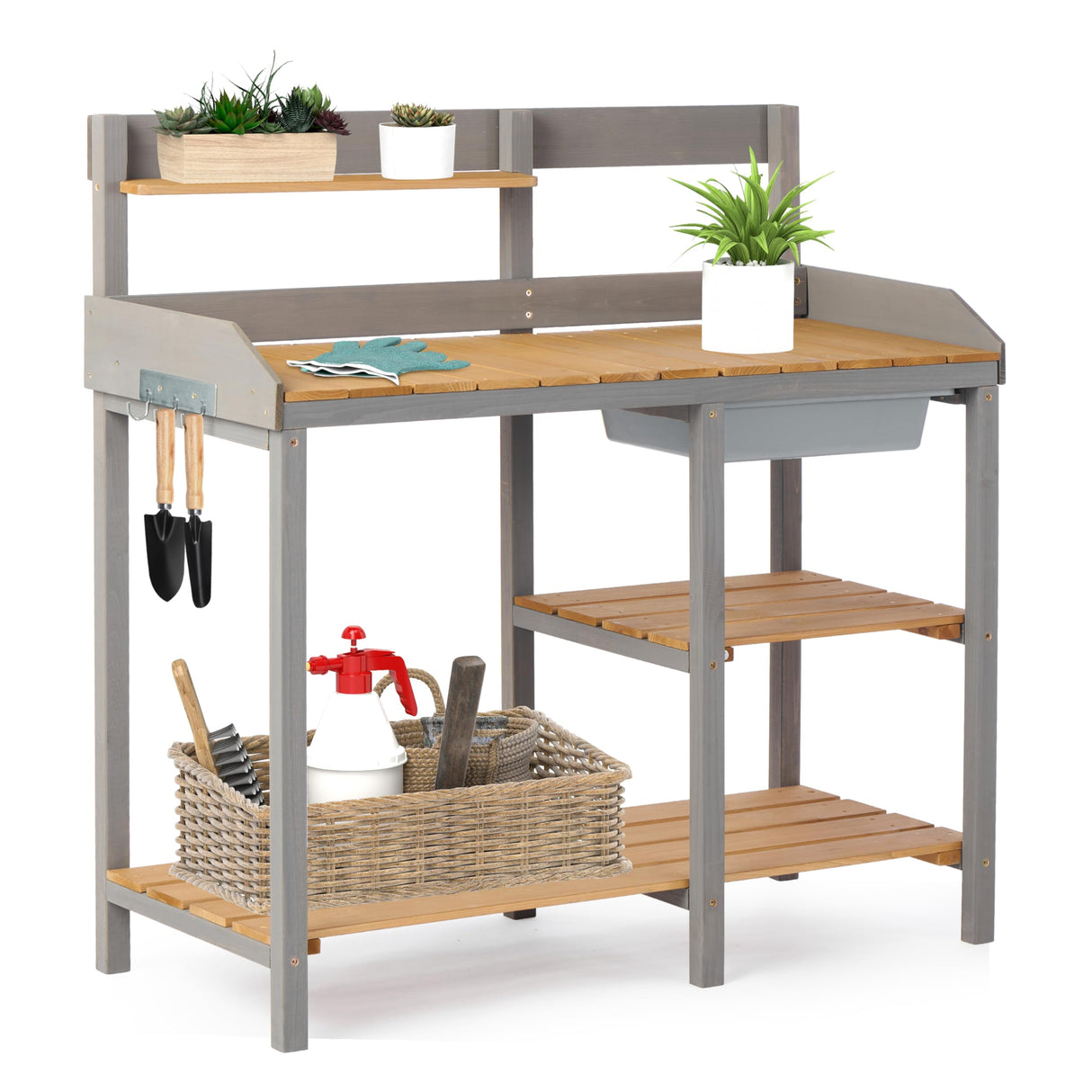 Wooden Potting Bench Table with Sink,Outdoor Garden Table Work Bench with Shelf, Workstation for Outside Lawn Patio Wood-Natrl