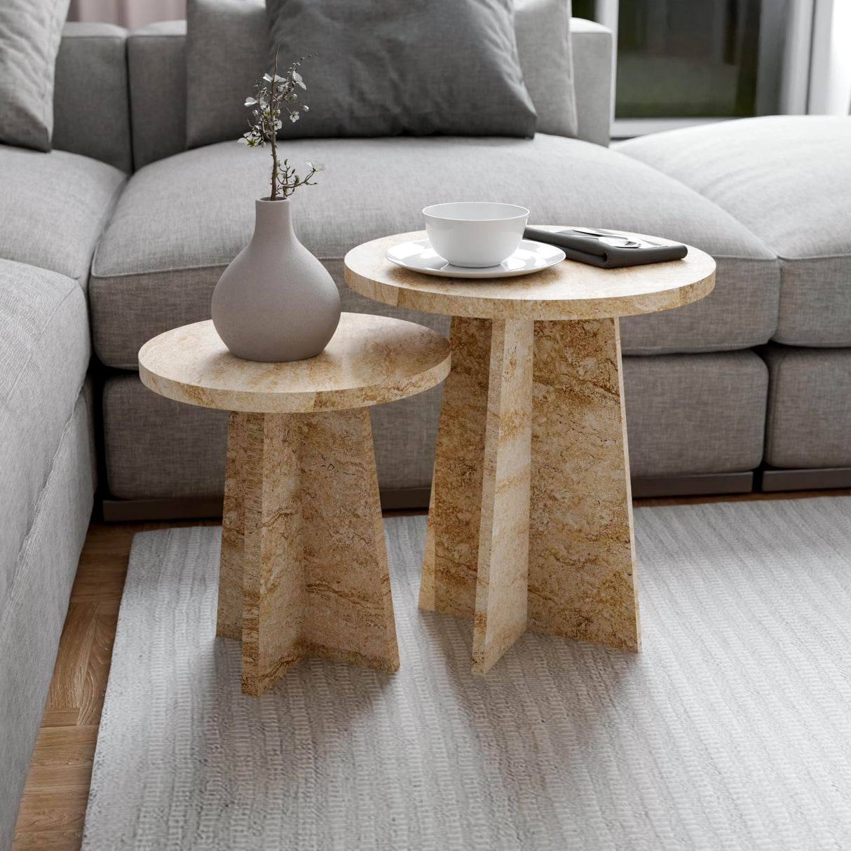 Travertine Efect Round Nesting Coffee Table Set of 2 Modern Coffee Table Small Side Table End Table for Living Room noadre