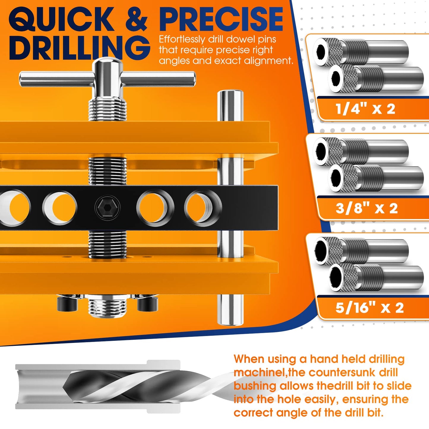 BLEKOO Self Centering Doweling Jig Kit, Drill Jig For Straight Holes Biscuit Joiner Set With 6 Drill Guide Bushings, Adjustable Width Drilling Guide Power Tool Accessory Jigs (Gold) - WoodArtSupply