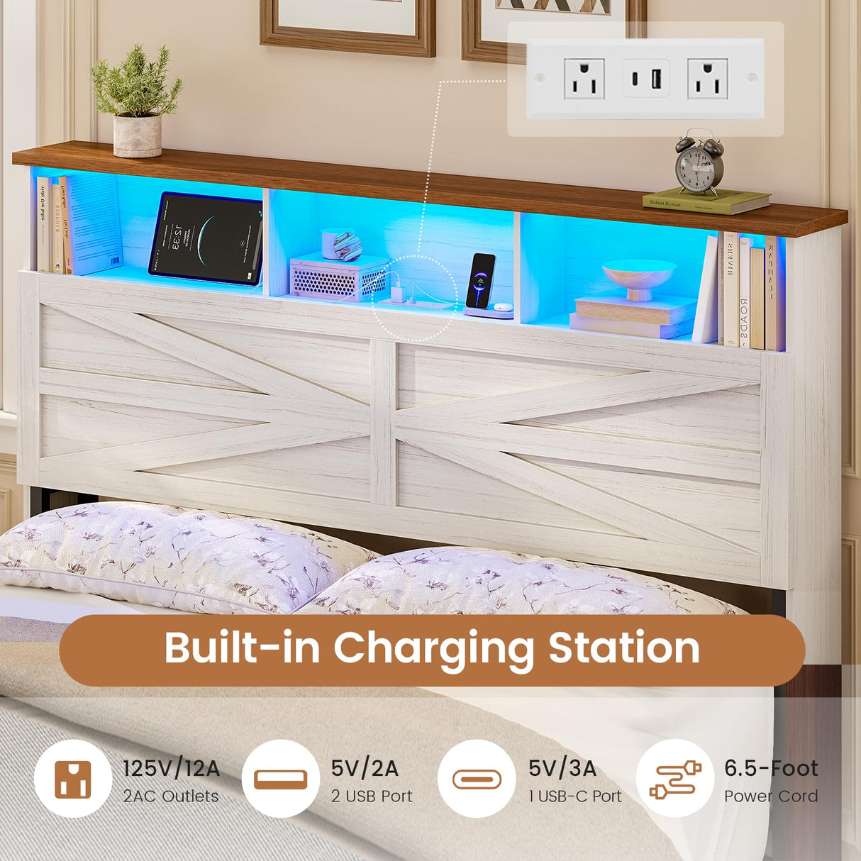 VIAGDO Queen Bed Frame with 6 Drawers, Farmhouse Bed Frame with Barn Door Headboard and Storage, Wood Platform Bed Frame Queen Size with Charging Station and LED Lights, No Box Spring Needed, White VIAGDO