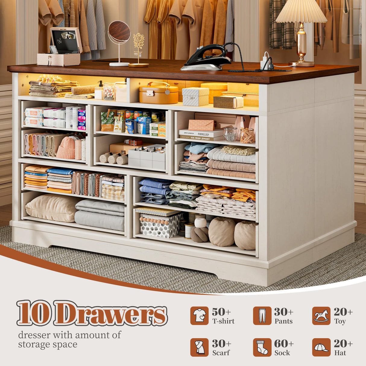 EnHomee Farmhouse Dresser with LED & Power Outlet 55.2''W Wood Dresser for Bedroom White 10 Drawers Dresser Vintage Dressers & Chests of Drawers Dresser TV Stand, Hallway, Antique White EnHomee